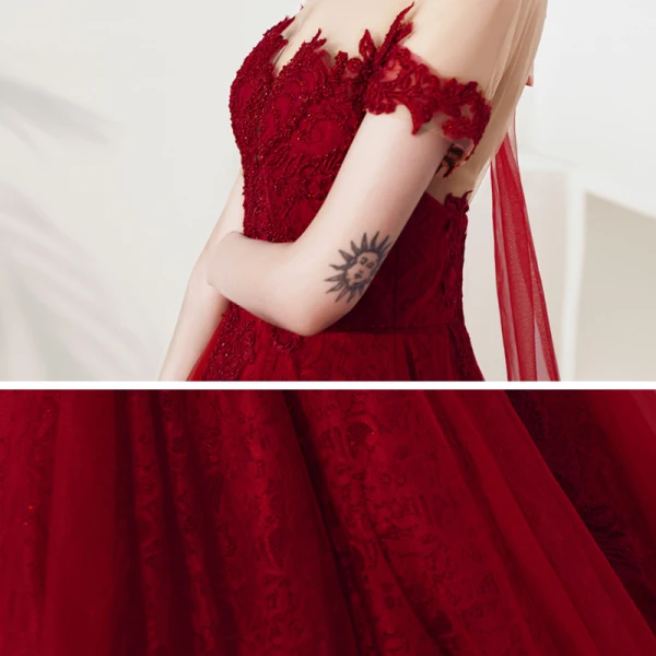Vintage / Retro Burgundy Lace Engagement Prom Dresses 2020 A-Line / Princess See-through High Neck Short Sleeve Appliques Lace Beading Ankle Length Ruffle Backless Formal Dresses