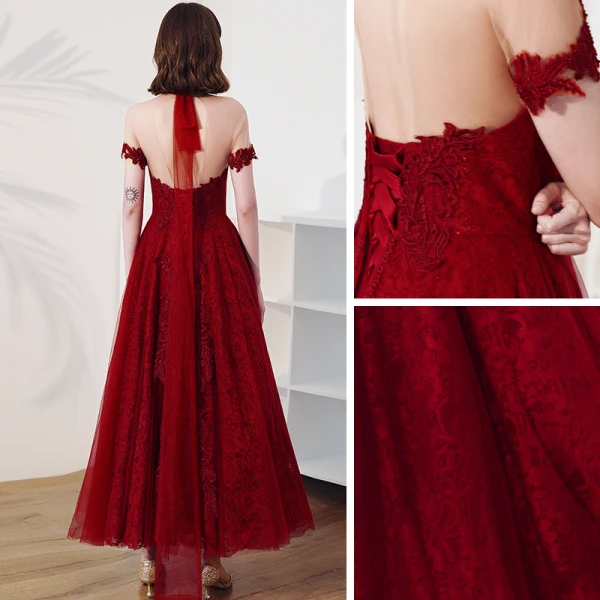 Vintage / Retro Burgundy Lace Engagement Prom Dresses 2020 A-Line / Princess See-through High Neck Short Sleeve Appliques Lace Beading Ankle Length Ruffle Backless Formal Dresses