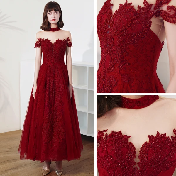 Vintage / Retro Burgundy Lace Engagement Prom Dresses 2020 A-Line / Princess See-through High Neck Short Sleeve Appliques Lace Beading Ankle Length Ruffle Backless Formal Dresses