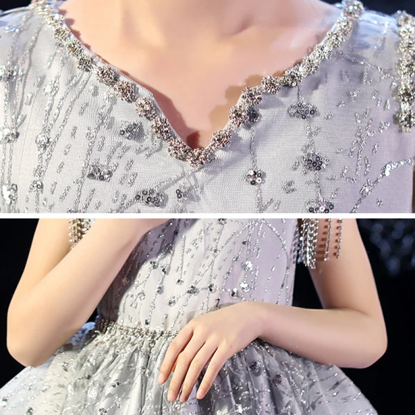Charming Grey Flower Girl Dresses 2020 Ball Gown V-Neck Sleeveless Sequins Beading Tassel Court Train Ruffle