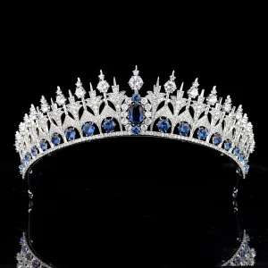 High End Königliches Blau Zirkon Diadem Haarschmuck Braut 2020 Kupfer Strass Hochzeit Brautaccessoires