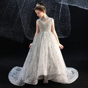 Vintage Retro Grey Birthday Flower Girl Dresses 2020 Ball Gown See Through High Neck Sleeveless Sequins Beading Rhinestone Court Train Ruffle