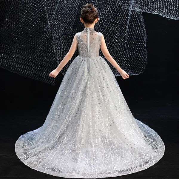 Vintage / Retro Grey Birthday Flower Girl Dresses 2020 Ball Gown See-through High Neck Sleeveless Sequins Beading Rhinestone Court Train Ruffle