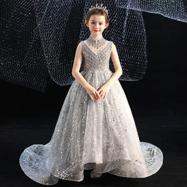 Vintage / Retro Grey Birthday Flower Girl Dresses 2020 Ball Gown See-through High Neck Sleeveless Sequins Beading Rhinestone Court Train Ruffle