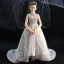 Vintage / Retro Grey Birthday Flower Girl Dresses 2020 Ball Gown See-through High Neck Sleeveless Sequins Beading Rhinestone Court Train Ruffle