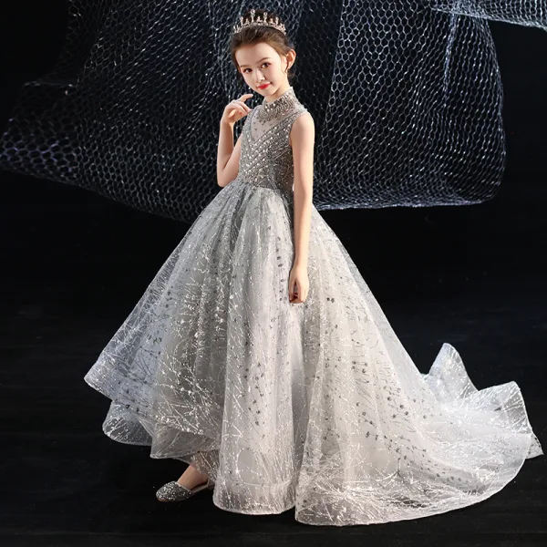 Vintage / Retro Grey Birthday Flower Girl Dresses 2020 Ball Gown See-through High Neck Sleeveless Sequins Beading Rhinestone Court Train Ruffle