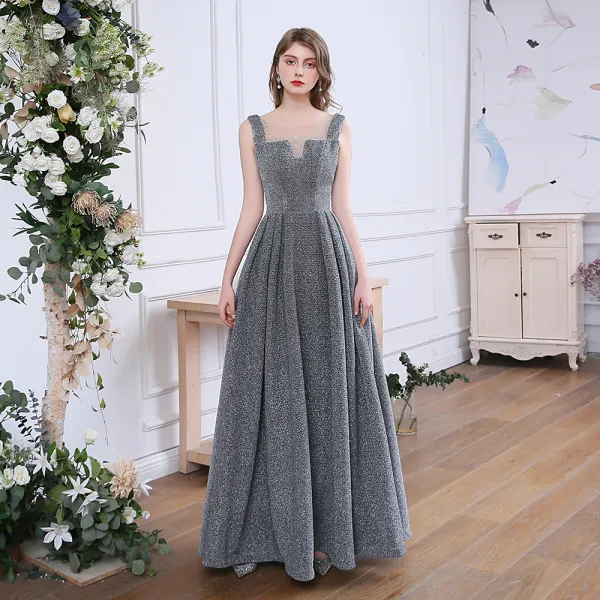 Affordable Grey Evening Dresses  2020 A-Line / Princess See-through Scoop Neck Sleeveless Rhinestone Glitter Polyester Floor-Length / Long Ruffle Backless Formal Dresses