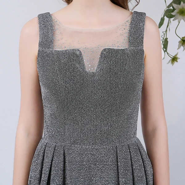 Erschwinglich Grau Abendkleider 2020 A Linie Durchsichtige Rundhalsausschnitt Ärmellos Strass Glanz Polyester Lange Rüschen Rückenfreies Festliche Kleider