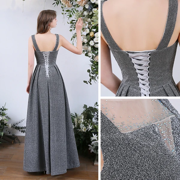 Erschwinglich Grau Abendkleider 2020 A Linie Durchsichtige Rundhalsausschnitt Ärmellos Strass Glanz Polyester Lange Rüschen Rückenfreies Festliche Kleider