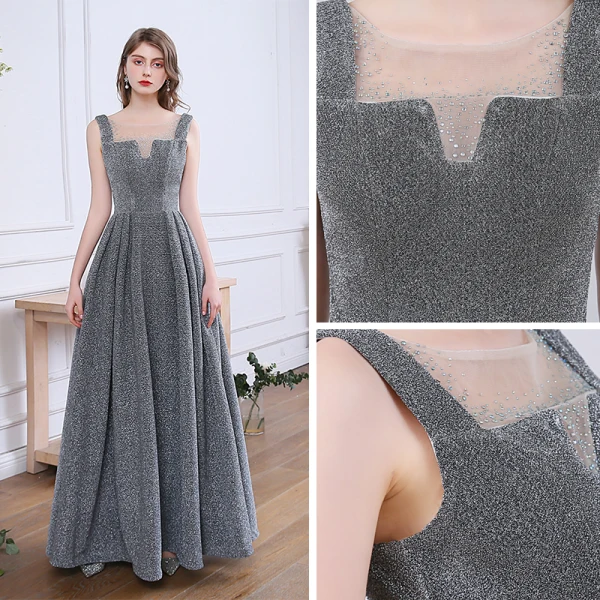 Erschwinglich Grau Abendkleider 2020 A Linie Durchsichtige Rundhalsausschnitt Ärmellos Strass Glanz Polyester Lange Rüschen Rückenfreies Festliche Kleider