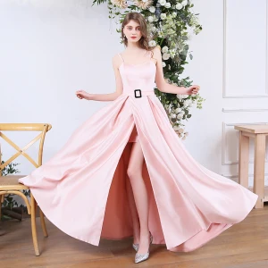Rimelig Rødmende Rosa Satin Ballkjoler 2020 Prinsesse Spaghettistropper Uten Ermer Sash Fendue Devant Lange Buste Ryggløse Formelle Kjoler