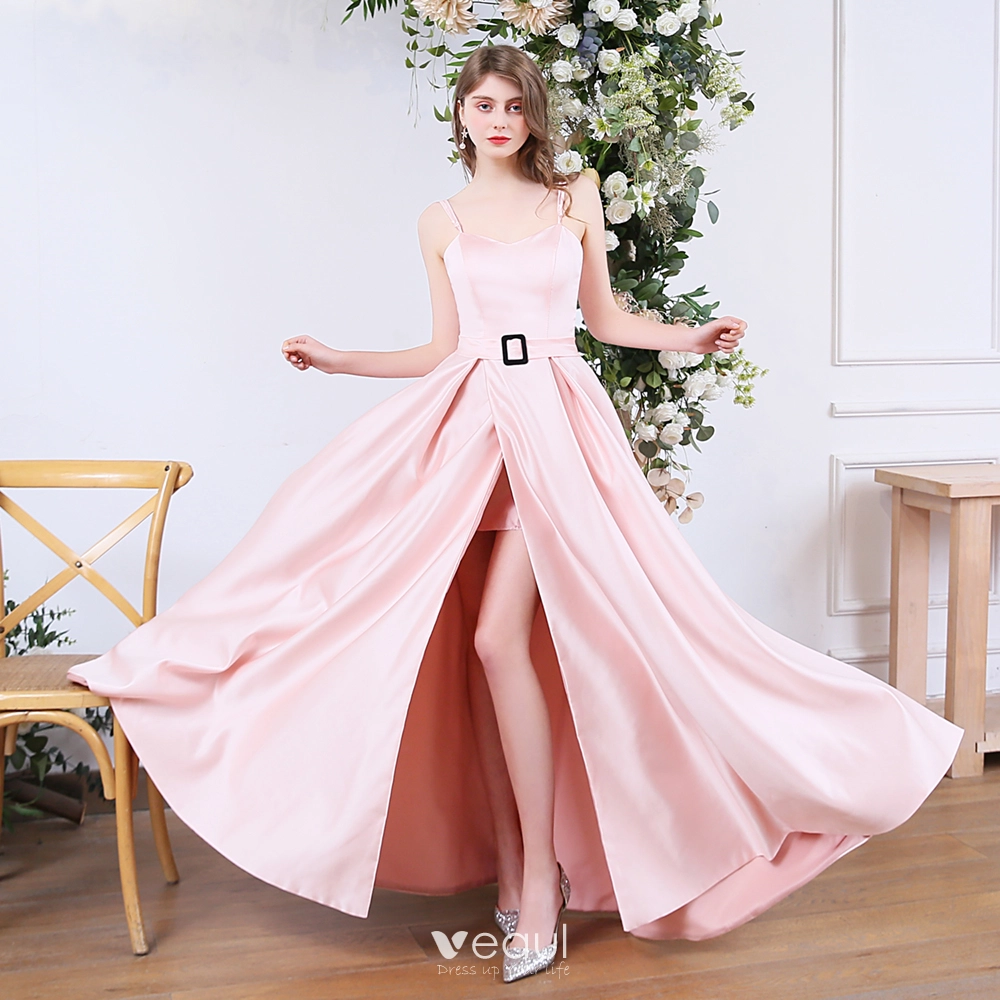 Affordable Blushing Pink Satin Prom Dresses 2020 A Line Princess Spaghetti Straps Sleeveless Sash Split Front Floor Length Long Ruffle Backless Formal Dresses