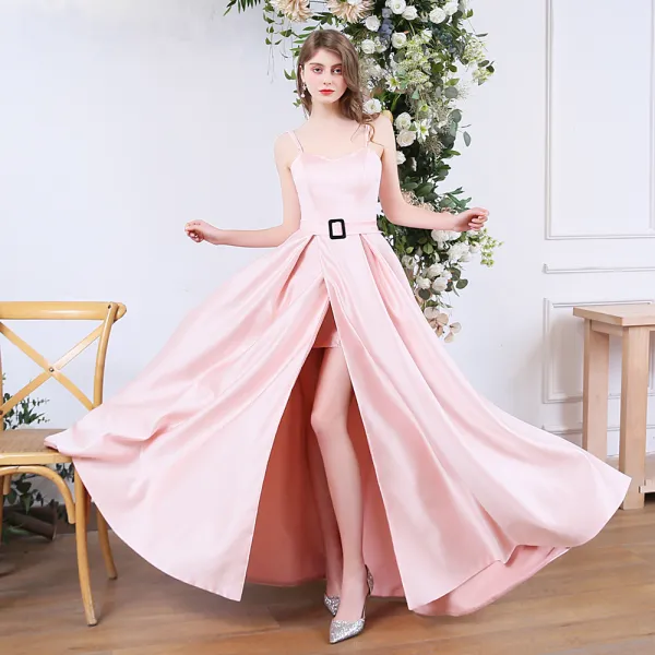 Affordable Blushing Pink Satin Prom Dresses 2020 A-Line / Princess Spaghetti Straps Sleeveless Sash Split Front Floor-Length / Long Ruffle Backless Formal Dresses