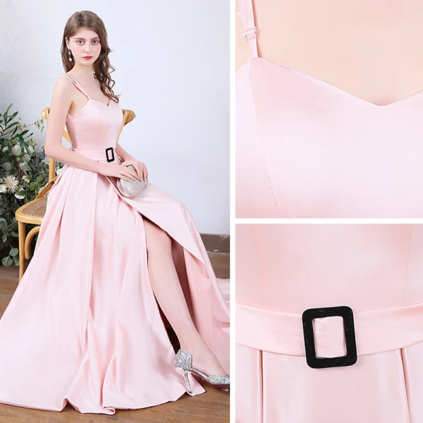 Abordable Rougissant Rose Satin Robe De Bal 2020 Princesse Bretelles Spaghetti Sans Manches Ceinture Fendue devant Longue Volants Dos Nu Robe De Ceremonie
