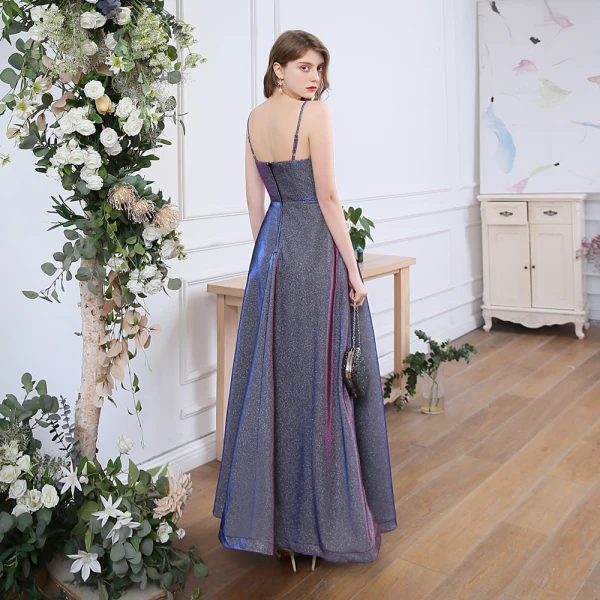 Affordable Multi-Colors Dancing Prom Dresses 2020 A-Line / Princess Spaghetti Straps Sleeveless Glitter Polyester Floor-Length / Long Ruffle Backless Formal Dresses