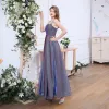 Affordable Multi-Colors Dancing Prom Dresses 2020 A-Line / Princess Spaghetti Straps Sleeveless Glitter Polyester Floor-Length / Long Ruffle Backless Formal Dresses