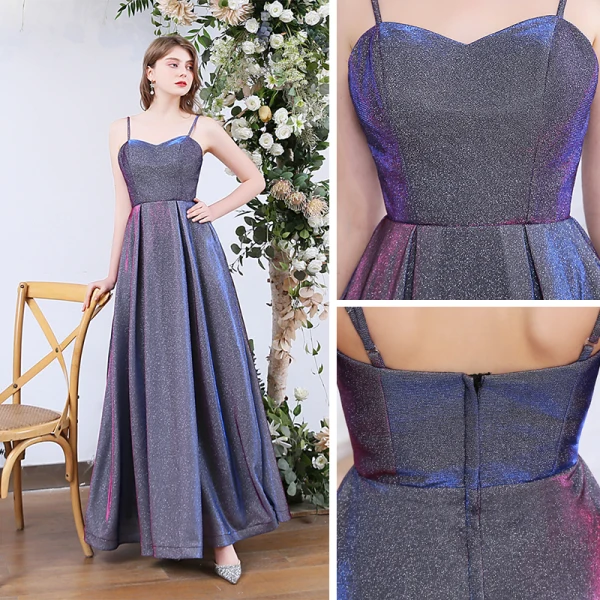 Affordable Multi-Colors Dancing Prom Dresses 2020 A-Line / Princess Spaghetti Straps Sleeveless Glitter Polyester Floor-Length / Long Ruffle Backless Formal Dresses