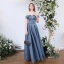 Affordable Ocean Blue Dancing Prom Dresses 2020 A-Line / Princess Off-The-Shoulder Short Sleeve Glitter Polyester Floor-Length / Long Ruffle Backless Formal Dresses