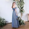 Affordable Ocean Blue Dancing Prom Dresses 2020 A-Line / Princess Off-The-Shoulder Short Sleeve Glitter Polyester Floor-Length / Long Ruffle Backless Formal Dresses