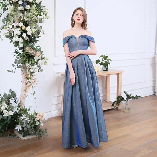 Affordable Ocean Blue Dancing Prom Dresses 2020 A-Line / Princess Off-The-Shoulder Short Sleeve Glitter Polyester Floor-Length / Long Ruffle Backless Formal Dresses