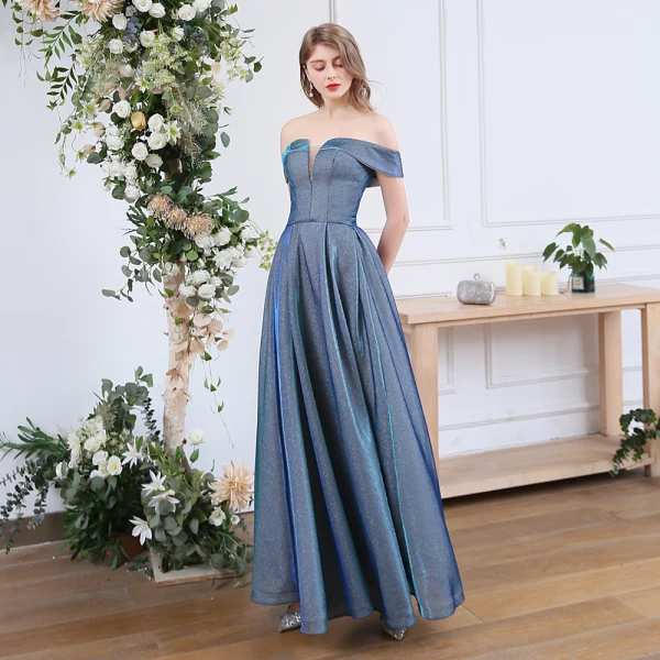 Affordable Ocean Blue Dancing Prom Dresses 2020 A-Line / Princess Off-The-Shoulder Short Sleeve Glitter Polyester Floor-Length / Long Ruffle Backless Formal Dresses