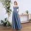 Affordable Ocean Blue Dancing Prom Dresses 2020 A-Line / Princess Off-The-Shoulder Short Sleeve Glitter Polyester Floor-Length / Long Ruffle Backless Formal Dresses