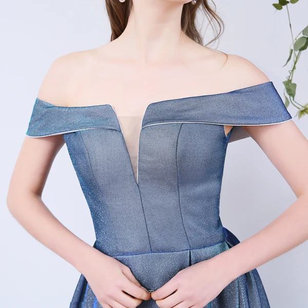 Affordable Ocean Blue Dancing Prom Dresses 2020 A-Line / Princess Off-The-Shoulder Short Sleeve Glitter Polyester Floor-Length / Long Ruffle Backless Formal Dresses