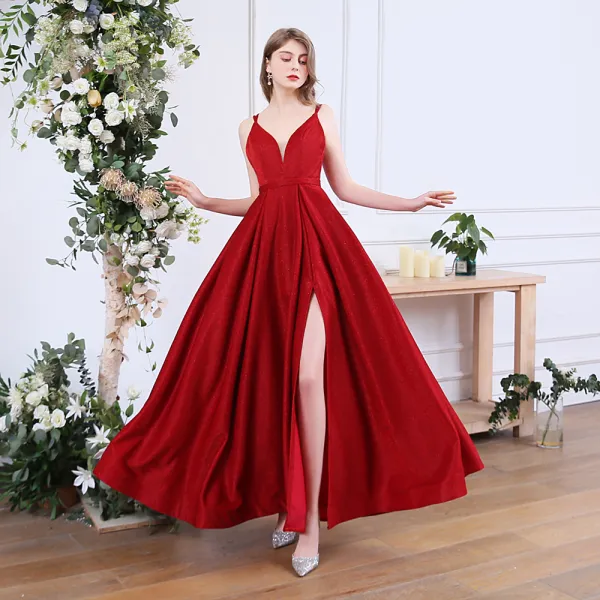 Sexy Red Prom Dresses 2020 A-Line / Princess Spaghetti Straps Sleeveless Glitter Polyester Split Front Floor-Length / Long Ruffle Backless Formal Dresses