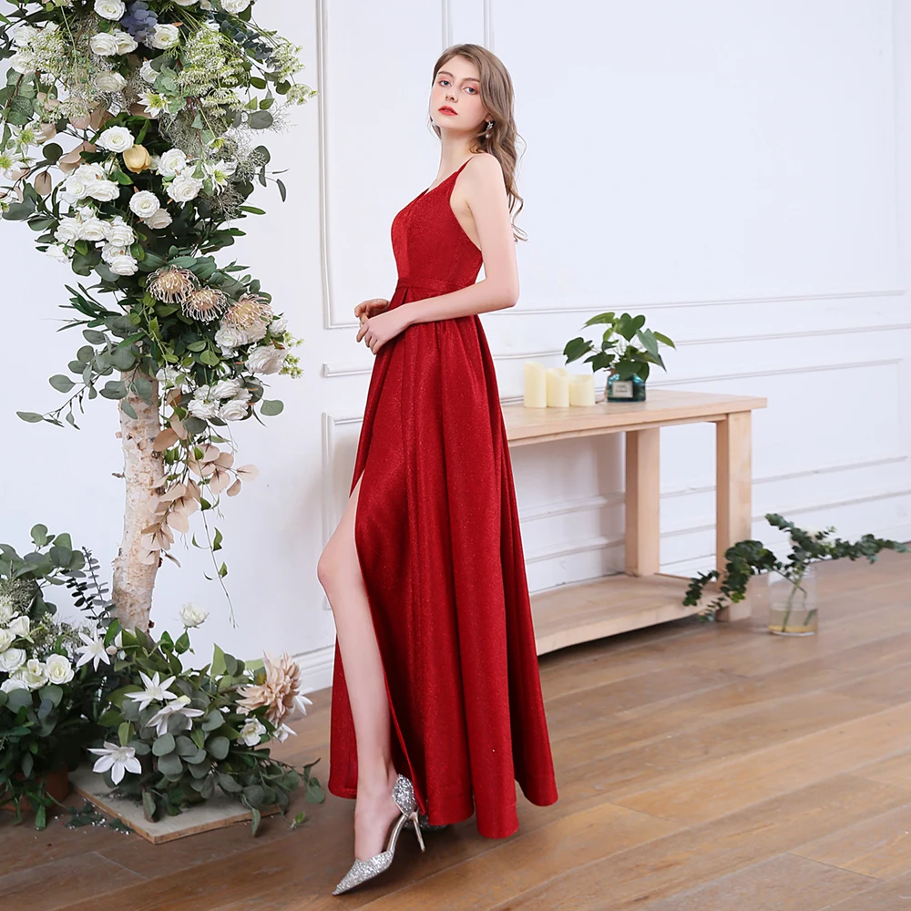 green emerald velvet dress Elegant Red V Neck A Line Split Prom Dresses main image 1
