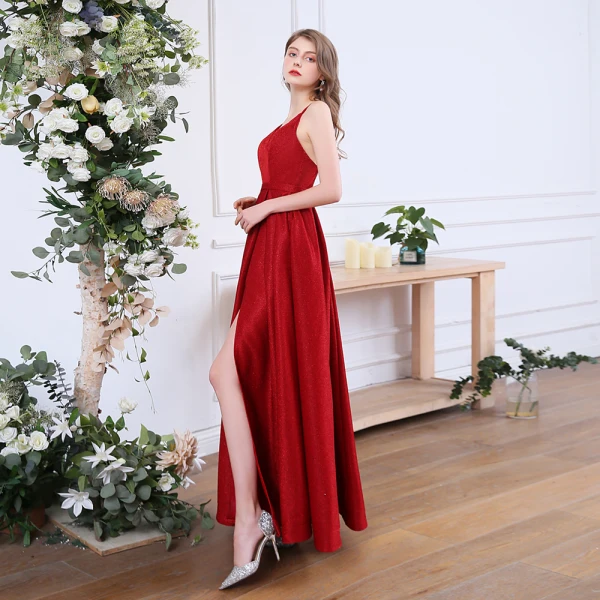 Sexy Red Prom Dresses 2020 A-Line Princess Spaghetti Straps Sleeveless Glitter Polyester Sexy Red Prom Dresses 2020 A-Line Princess Spaghetti Straps Sleeveless Glitter Polyester