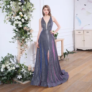 Sexy Mørk Marineblå Selskapskjoler 2020 Prinsesse Dyp V Hals Uten Ermer Glitter Polyester Fendue Devant Feie Tog Buste Ryggløse Formelle Kjoler