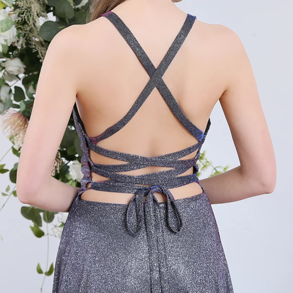 Sexig Mörk Marinblå Aftonklänningar 2020 Prinsessa Djup v-hals Ärmlös Glittriga / Glitter Polyester Slits Fram Svep Tåg Ruffle Halterneck Formella Klänningar