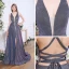 Sexig Mörk Marinblå Aftonklänningar 2020 Prinsessa Djup v-hals Ärmlös Glittriga / Glitter Polyester Slits Fram Svep Tåg Ruffle Halterneck Formella Klänningar