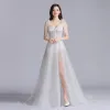 Sexy White Prom Dresses 2020 A-Line / Princess Shoulders Sleeveless Appliques Lace Glitter Tulle Split Front Sweep Train Ruffle Backless