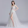 Sexy White Prom Dresses 2020 A-Line / Princess Shoulders Sleeveless Appliques Lace Glitter Tulle Split Front Sweep Train Ruffle Backless