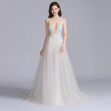 Sexy Champagne Prom Dresses 2020 A Line Princess Spaghetti Straps Deep V Neck Sleeveless Appliques Lace Split Front Court Train Ruffle Backless Formal Dresses