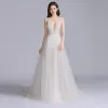 Sexy Champagne Prom Dresses 2020 A-Line / Princess Spaghetti Straps Deep V-Neck Sleeveless Appliques Lace Split Front Court Train Ruffle Backless Formal Dresses