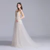 Sexy Champagne Prom Dresses 2020 A-Line / Princess Spaghetti Straps Deep V-Neck Sleeveless Appliques Lace Split Front Court Train Ruffle Backless Formal Dresses