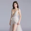 Sexy Champagne Robe De Bal 2020 Princesse Bretelles Spaghetti Col v profond Sans Manches Appliques En Dentelle Fendue devant Tribunal Train Volants Dos Nu Robe De Ceremonie