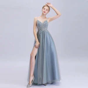 Rimelig Hav Blå Dancing Ballkjoler 2020 Prinsesse Spaghettistropper Uten Ermer Paljetter Beading Fendue Devant Lange Buste Ryggløse Formelle Kjoler