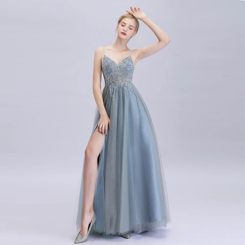 Abordable Océan Bleu Dansant Robe De Bal 2020 Princesse Bretelles Spaghetti Sans Manches Paillettes Perlage Fendue devant Longue Volants Dos Nu Robe De Ceremonie