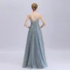 Affordable Ocean Blue Dancing Prom Dresses 2020 A-Line / Princess Spaghetti Straps Sleeveless Sequins Beading Split Front Floor-Length / Long Ruffle Backless Formal Dresses