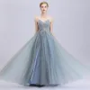 Affordable Ocean Blue Dancing Prom Dresses 2020 A-Line / Princess Spaghetti Straps Sleeveless Sequins Beading Split Front Floor-Length / Long Ruffle Backless Formal Dresses