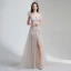 Erschwinglich Champagner Sommer Strand Brautkleider / Hochzeitskleider 2020 A Linie Spaghettiträger Ärmellos Applikationen Spitze Rückenfreies Gespaltete Front Sweep / Pinsel Zug Rüschen