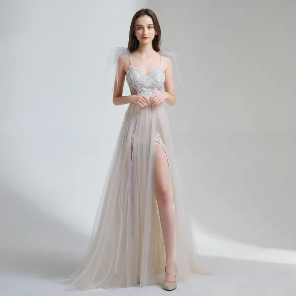 Affordable Champagne Summer Beach Wedding Dresses 2020 A-Line / Princess Spaghetti Straps Sleeveless Appliques Lace Backless Split Front Sweep Train Ruffle
