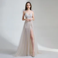 Erschwinglich Champagner Sommer Strand Brautkleider / Hochzeitskleider 2020 A Linie Spaghettiträger Ärmellos Applikationen Spitze Rückenfreies Gespaltete Front Sweep / Pinsel Zug Rüschen