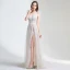 Erschwinglich Champagner Sommer Strand Brautkleider / Hochzeitskleider 2020 A Linie Spaghettiträger Ärmellos Applikationen Spitze Rückenfreies Gespaltete Front Sweep / Pinsel Zug Rüschen