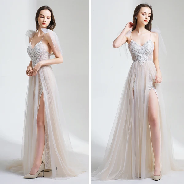Erschwinglich Champagner Sommer Strand Brautkleider / Hochzeitskleider 2020 A Linie Spaghettiträger Ärmellos Applikationen Spitze Rückenfreies Gespaltete Front Sweep / Pinsel Zug Rüschen