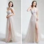 Erschwinglich Champagner Sommer Strand Brautkleider / Hochzeitskleider 2020 A Linie Spaghettiträger Ärmellos Applikationen Spitze Rückenfreies Gespaltete Front Sweep / Pinsel Zug Rüschen