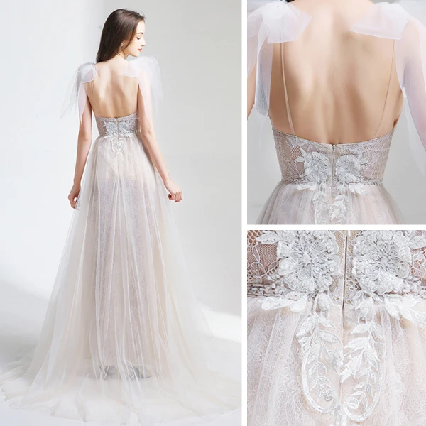 Erschwinglich Champagner Sommer Strand Brautkleider / Hochzeitskleider 2020 A Linie Spaghettiträger Ärmellos Applikationen Spitze Rückenfreies Gespaltete Front Sweep / Pinsel Zug Rüschen